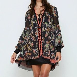 WE ARE HAH ANTHROPOLOGIE LACE CARDIGAN ROBE BLACK FLORAL DOUBLE SIDED NWT XS